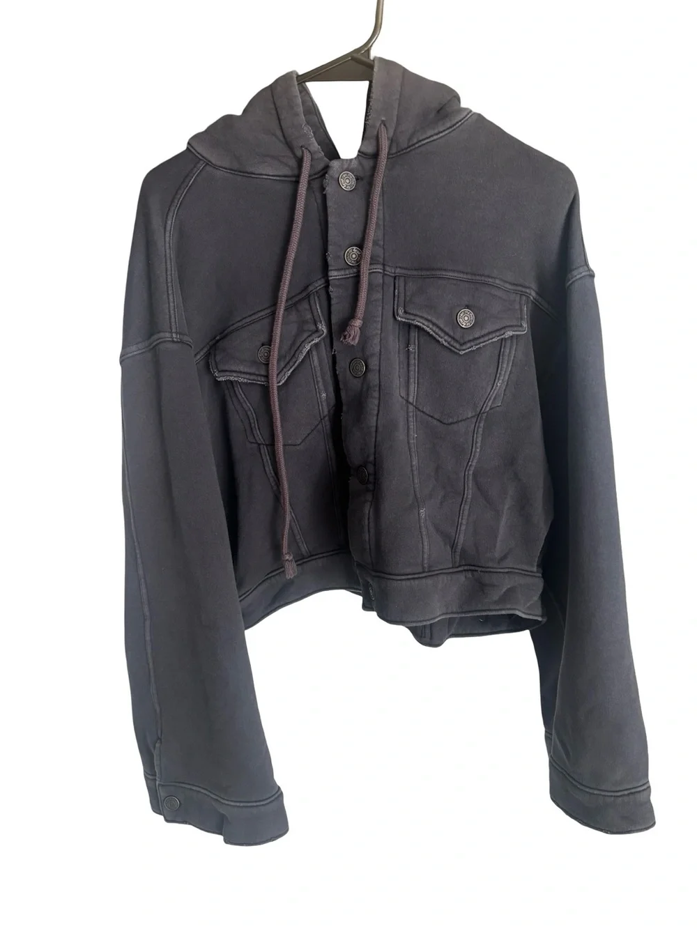 Free People Washed Charcoal Black Indie Sleeze Hooded Cropped Chunky Jacket S